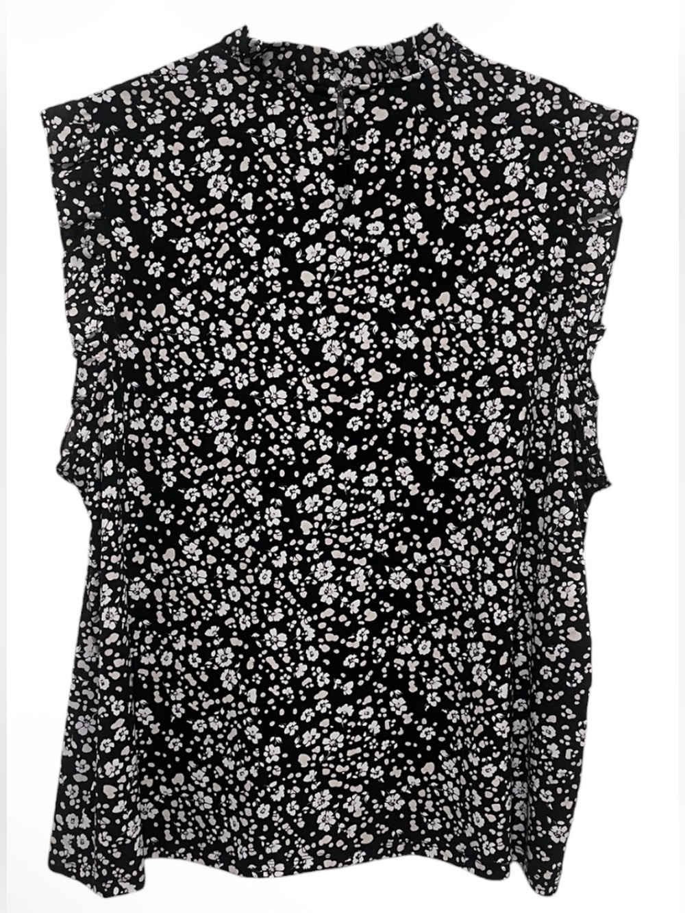 Ann Taylor Factory XXL Black White Floral Ruffle Neck Sleeveless Blouse - Picture 2 of 8